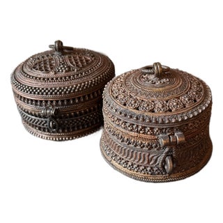Pair of Vintage Handcrafted Brass Lidded Boxes With Ornate South Asian Metalwork For Sale