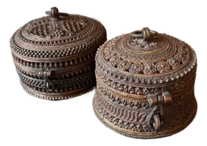 Pair of Vintage Handcrafted Brass Lidded Boxes With Ornate South Asian Metalwork