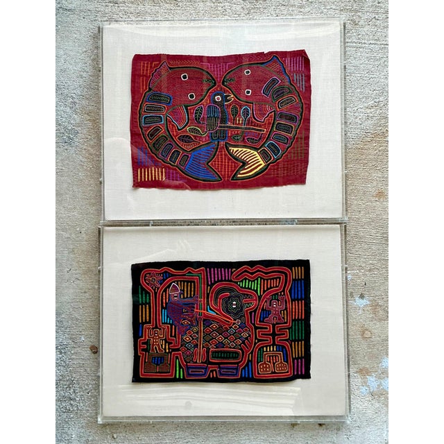 Tribal Vintage Lucite Boxed Mola Textile Art - Pair For Sale - Image 3 of 18