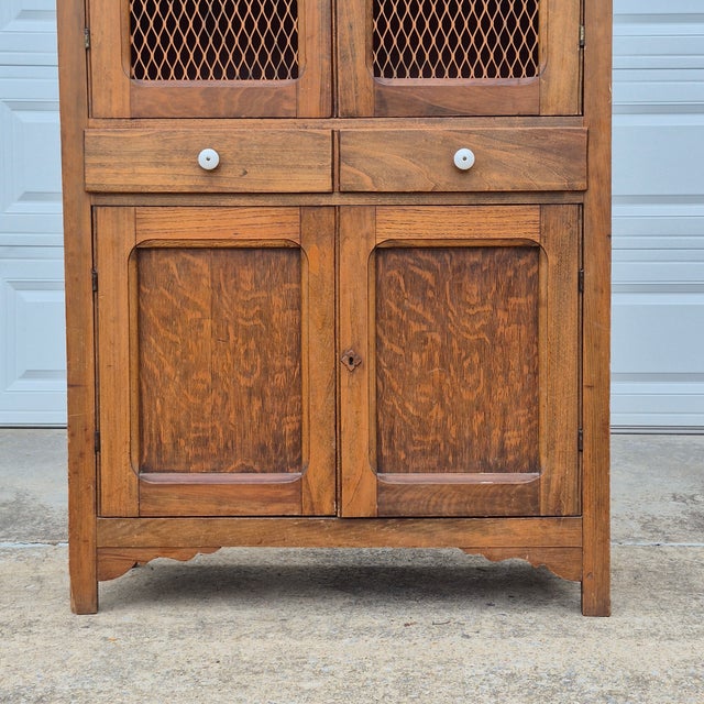 19th Century Antique Primitive Tall Screened Door Oak Pie Safe Jelly Cupboard Storage Cabinet For Sale - Image 4 of 17