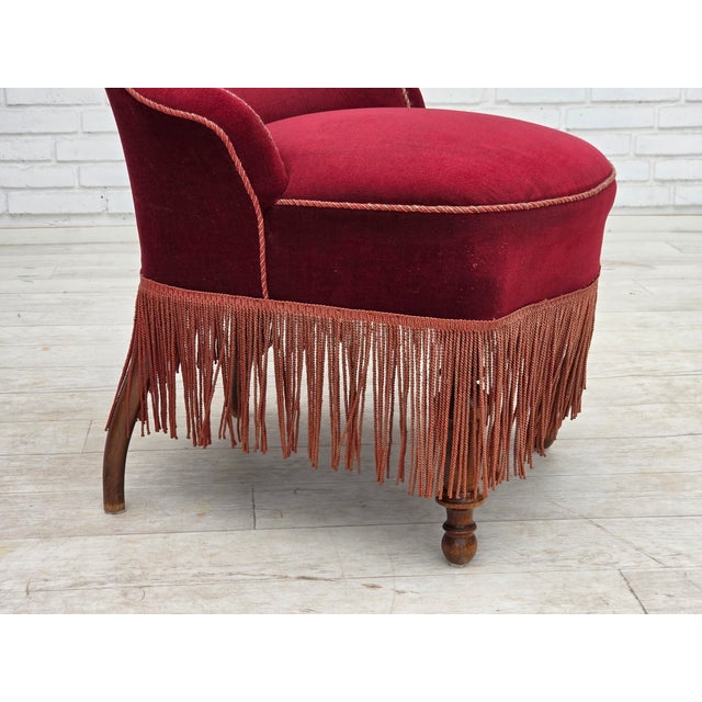 Danish Cocktail Lounge Chair in Cherry-Red Furniture Velour, 1950s For Sale - Image 4 of 17