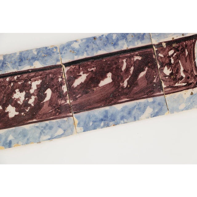 18th Century Antique Portuguese Strip of Four Blue and Brown Spongeware Tiles For Sale - Image 6 of 11