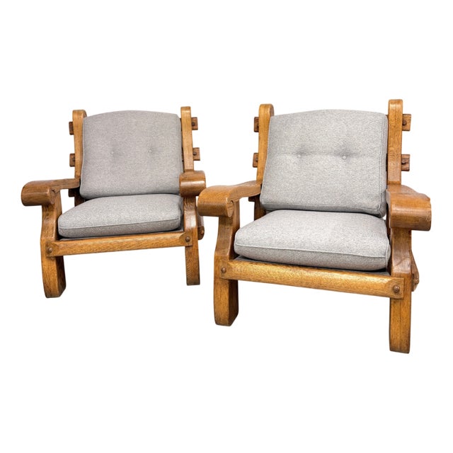 Mid-Century Brutalist French Oak Armchairs, 1920s, Set of 2 For Sale