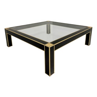 Square Coffee Table in Black Lacquer, Brass and Glass attributed to Pierre Cardin, France, 1970s For Sale