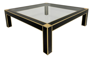 Square Coffee Table in Black Lacquer, Brass and Glass attributed to Pierre Cardin, France, 1970s