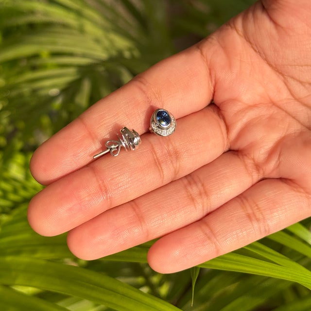 Vintage Style 1.27 Ct Blue Sapphire & Diamond Stud Earrings in 14k White Gold For Sale - Image 11 of 16