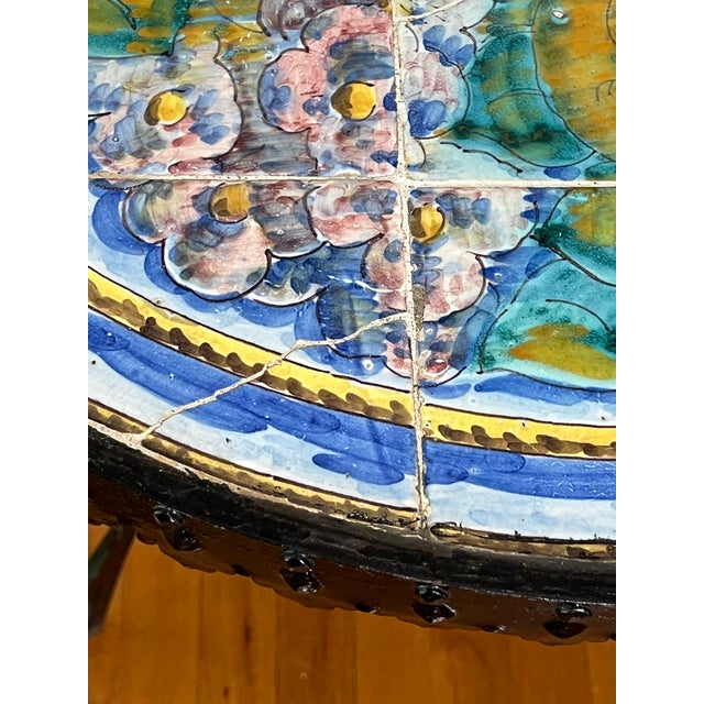 Italian Hand-Painted Ceramic Tile Top Bistro, Side Table With Wrought Iron Base, 1950s For Sale - Image 9 of 15