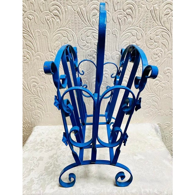 Blue Vintage Mid Century Blue Enameled Scrolled Iron and Flowers Magazine Rack For Sale - Image 8 of 12