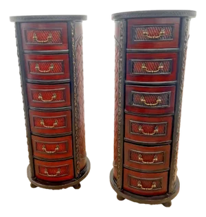 1980s Vintage Pair Round Nightstands Chest of Drawers Carved Six Felt Lined Drawers