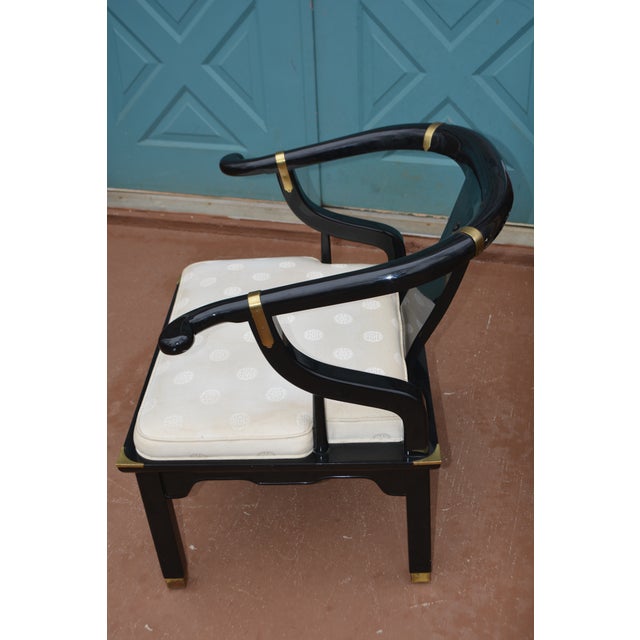 Chinese 1980s Century Chair Co. Ming Black Lacquer & Brass Horseshoe Back Chair W/ White Seat For Sale - Image 3 of 18