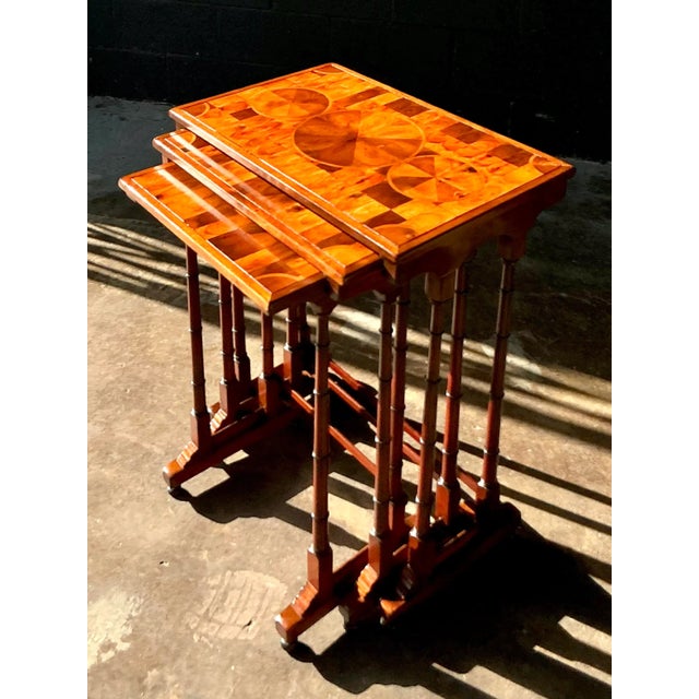 Hollywood Regency Vintage Boho Marquetry Nesting Tables - Set of 3 For Sale - Image 3 of 8
