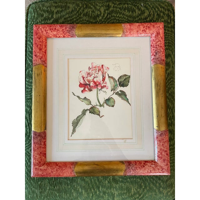 Wefe Deliss Rose Watercolor Painting in Gilded and Painted Frame For Sale - Image 9 of 9