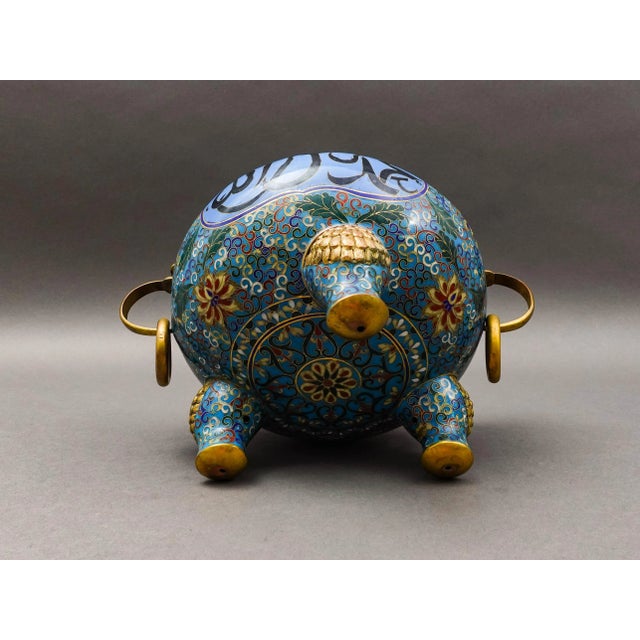 Blue Antique Chinese Cloisonne Arabic Islamic Tripod Covered Censor Incense Burner For Sale - Image 8 of 9