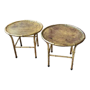 Italian Gilt Iron Faux Bamboo Round Small Cocktail Tables- a Pair