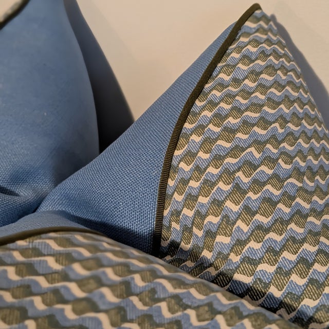 Textile Pair of Fermoie 22" Ruffle Pillows in Blue With Olive Cord For Sale - Image 7 of 8