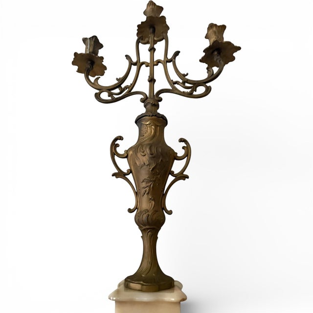 Early 20th Century Pair of Antique Italian Bronze Candelabras With Marble Bases – 25” Tall For Sale - Image 5 of 6