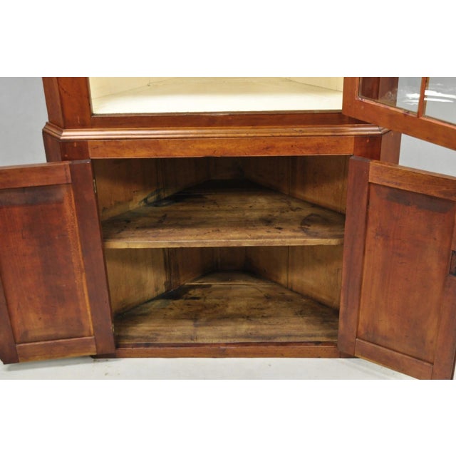 Antique Colonial Primitive Cherry Wood Glass Front Corner China Cabinet Cupboard For Sale - Image 18 of 18