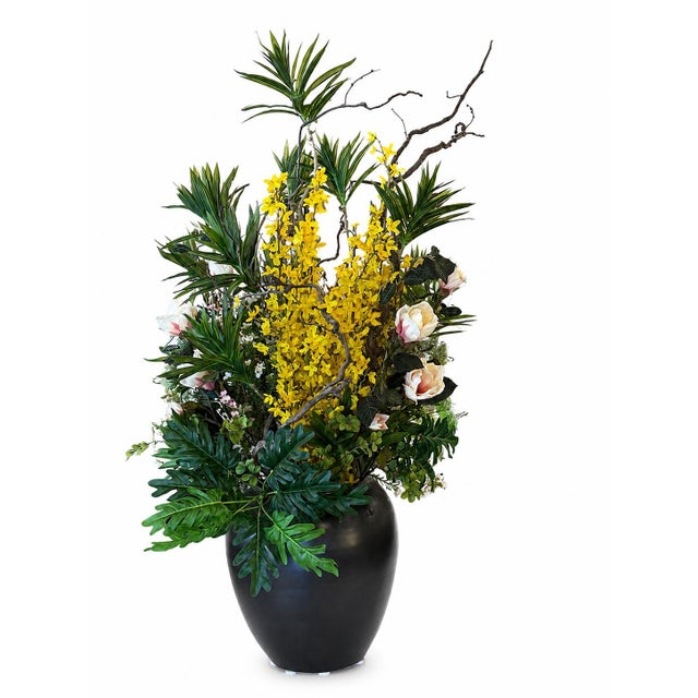 Modern Sculptural Magnolia + Forsythia Silk Botanical Arrangement For Sale - Image 3 of 12