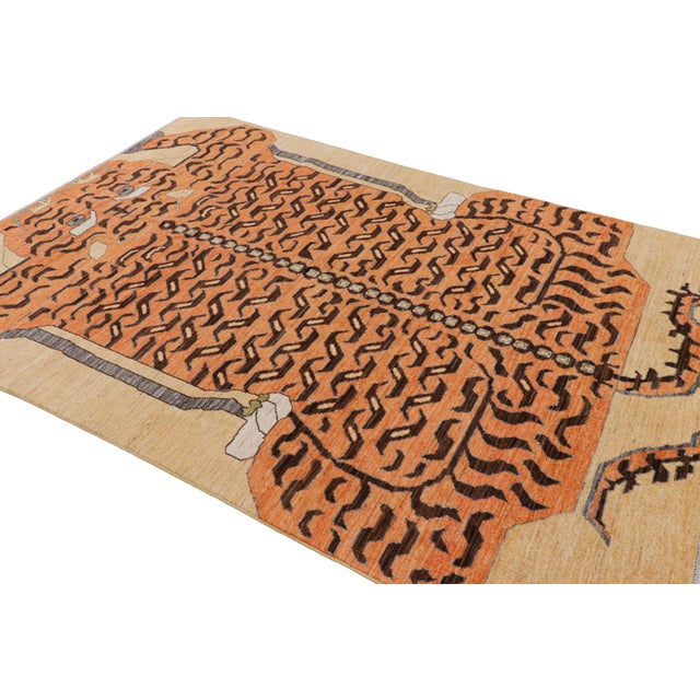 Rug & Kilim Rug & Kilim’s Contemporary Tiger Rug in Gold With Brown and Orange Pictorial For Sale - Image 4 of 7