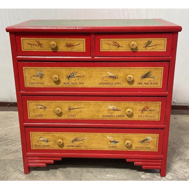 1960s Vintage "Hardy & Co Trout Flies” Fishing Tackle Themed 5-Drawer Accent Chest For Sale - Image 5 of 11