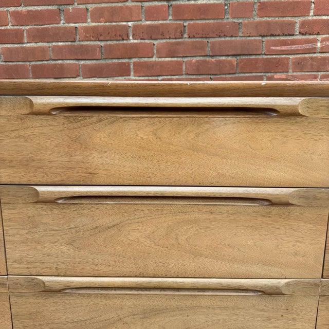 Brown Mid-Century Modern Walnut 9-Drawer Lowboy Dresser With Mirror For Sale - Image 8 of 11