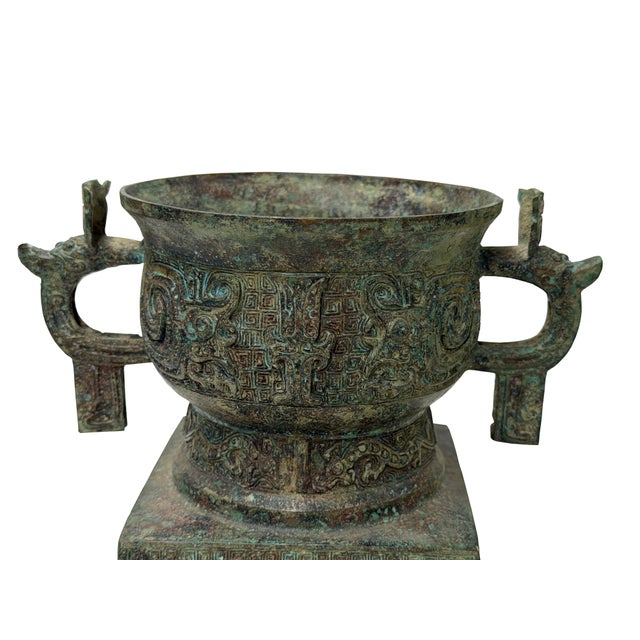 Sculpture Materials Vintage Style Ancient Ritual Bronze Vessel Display Art For Sale - Image 7 of 11