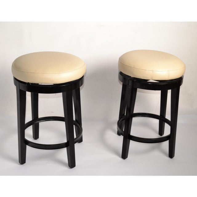 Contemporary Pair, Vintage Swivel 24 Inch Kitchen Stools Black Wood Tan-Beige Faux Leather Seats For Sale - Image 3 of 16