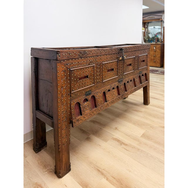 Antique Indian Dowry Chest 19th Century Brass Studs Iron Medieval Style Console For Sale - Image 4 of 12