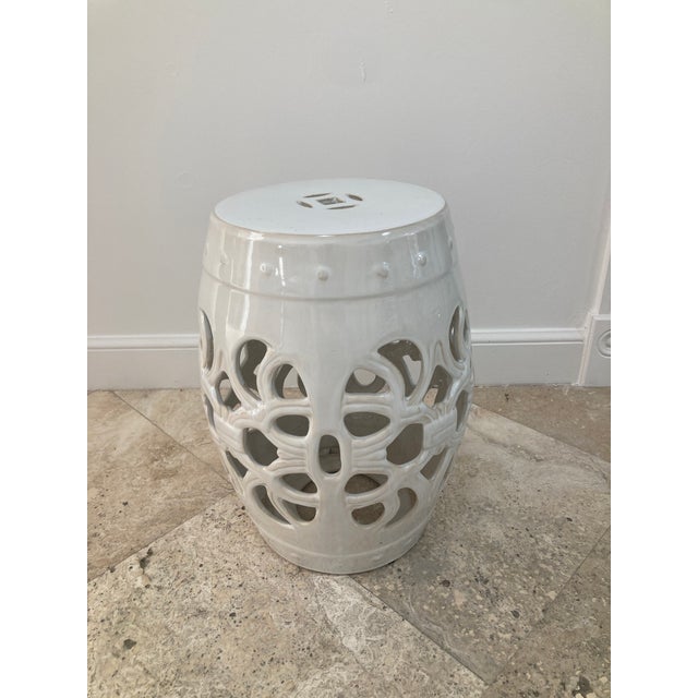 White Glazed Ceramic Boho Chic Garden Seat For Sale - Image 9 of 10