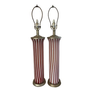 Mid Century Italian Murano Style Glass Tall Red & White Candy Stripe Table Lamps, a Pair For Sale