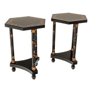 Pair of Ebonized and Parcel Gilt Hexagonal Side Tables For Sale