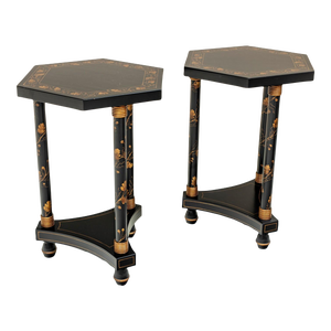 Pair of Ebonized and Parcel Gilt Hexagonal Side Tables