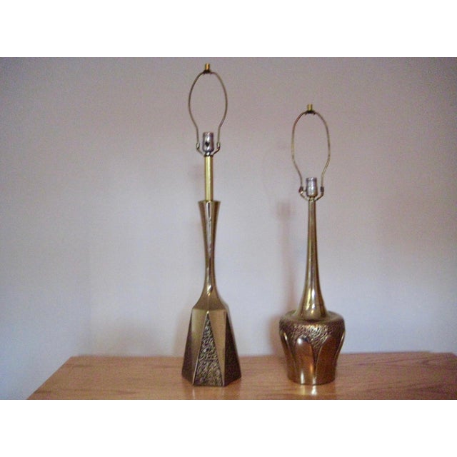 BEAUTIFUL PAIR OF MIDCENTURY BRUTALIST LAMPS in bronze tones by Tempestini for Laurel Lamp Company. These beautiful lamps...