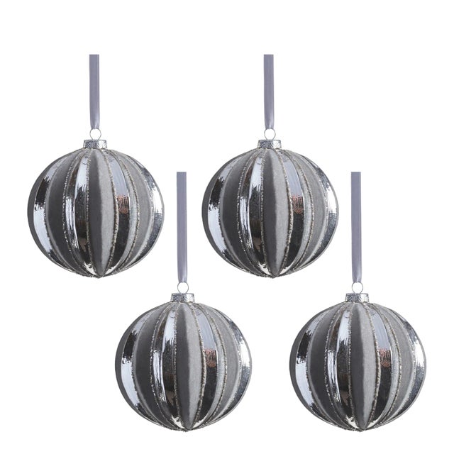 Giada 4.75" Shiny Glass Ball Ornaments with Flock Pattern, Set of 4 For Sale