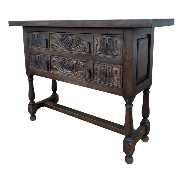 Spanish Hand-Carved Console with Two Drawers, 1920s For Sale