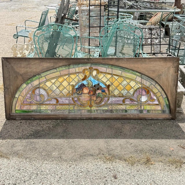 Antique Art Nouveau Colored Stained Glass Fruit 27 X 75 Arched Transom Window, A For Sale - Image 16 of 18