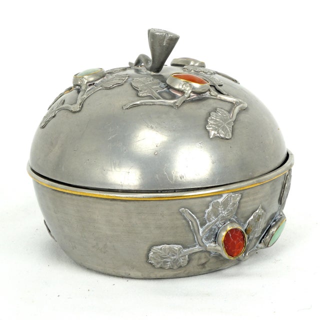 Antique Chinese Pewter Jeweled Lidded Bowl With Gemstones Republic Period For Sale - Image 4 of 13