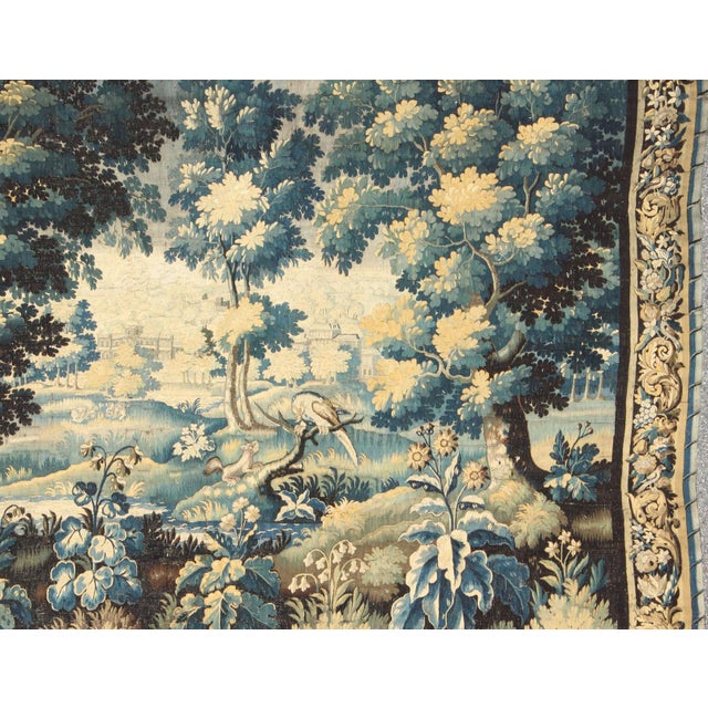 Blue 17th Century Antique Tapestry With Woodland Scene and Floral Border in Blue Tone For Sale - Image 8 of 11