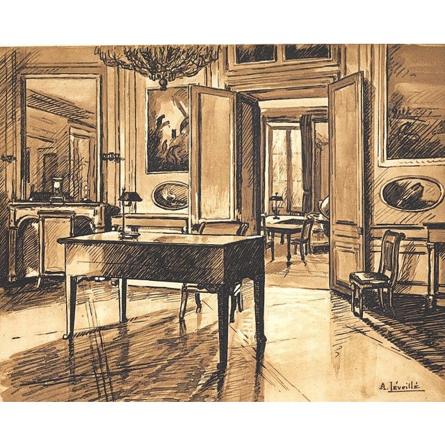 1925 French Antique Interior Lithograph-Chateau Fountainebleau, Matted For Sale - Image 4 of 4