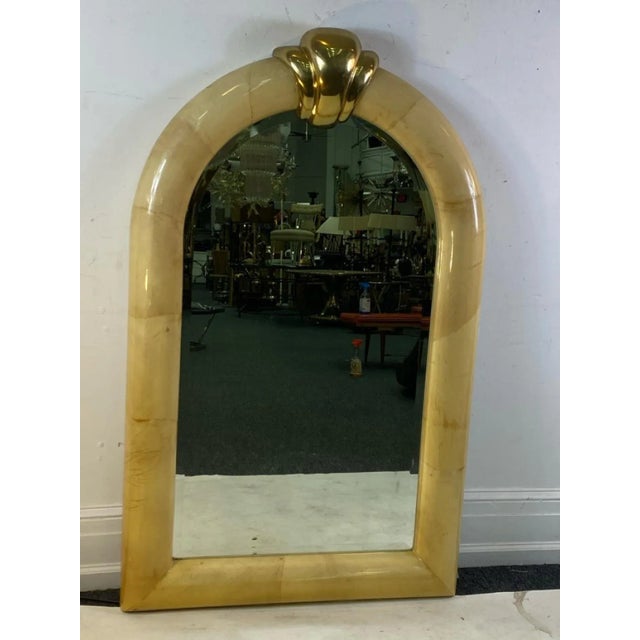 Magnificent Curved Tan/Yellow Goatskin With Impressive Sculptural Cast Brass Accent Mirror Designed By Karl Springer In...