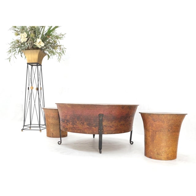 Mid 20th Century Vintage Hummered Forged Copper & Iron Round Coffee Table & Pair of Stools Seats For Sale - Image 5 of 12