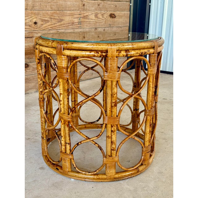 Tan Mid-20th Century Coastal Refinished Tortoise Rattan Cane Drum Side Table For Sale - Image 8 of 11