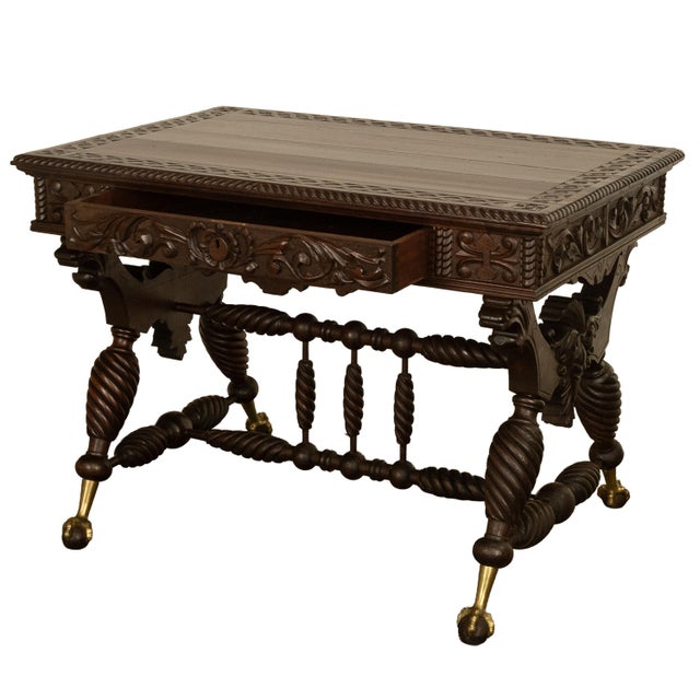 Aesthetic Movement Merklen Brothers Carved Walnut Library Table Desk Ny 1890 For Sale - Image 10 of 14