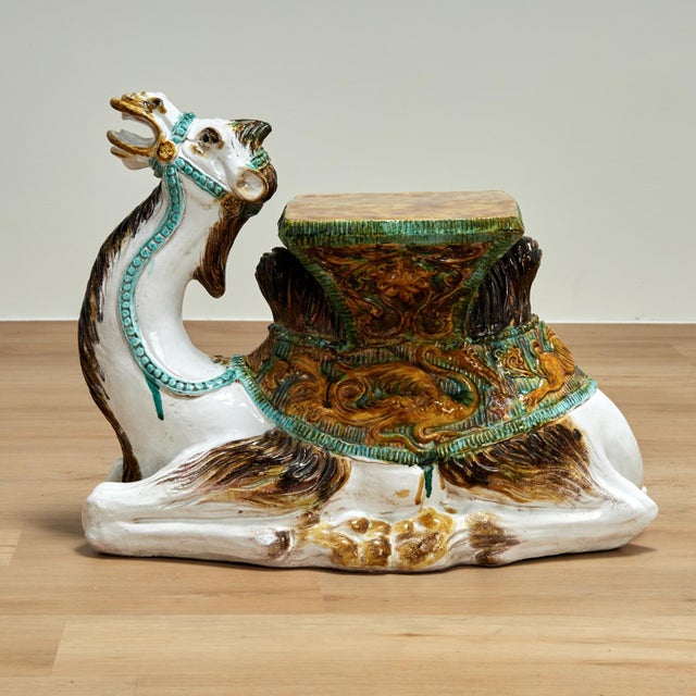 Standout mid century Italian camel form garden seat or drinks stand crafted in terra cotta with a bit of whimsy, hand...