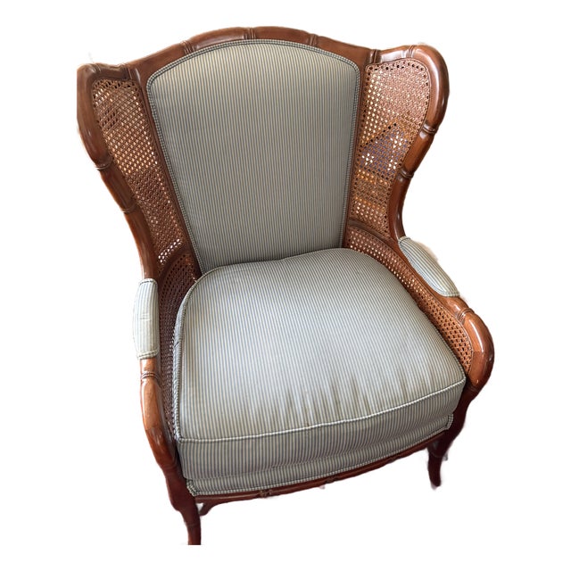 1990s Ethan Allen Regency Faux Bamboo and Cane Wingback Upholstered Chair For Sale