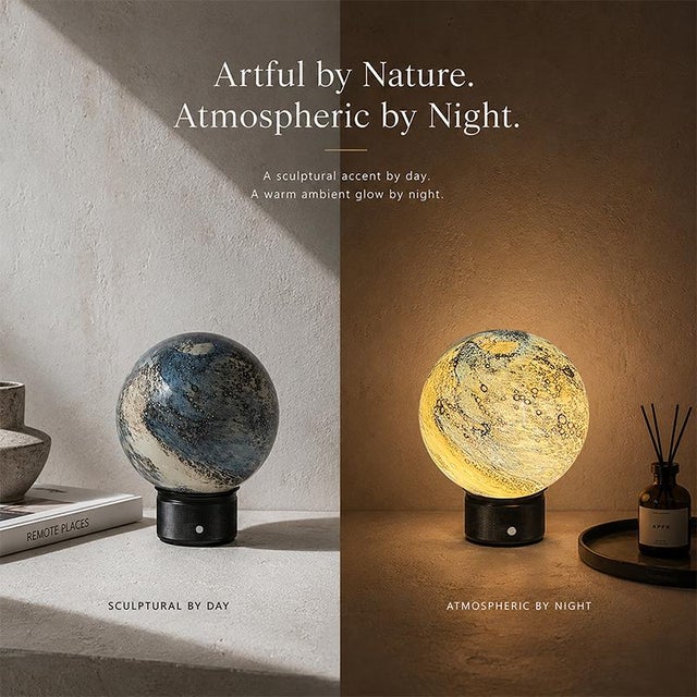 Aloadecor Cosmic Blue Hand-Blown Art Glass Globe Table Lamp Cordless Rechargeable Decorative Bedside Lamp With Dimmable Led For Sale - Image 4 of 11