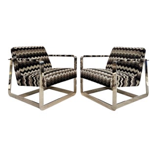 Pair of Mid-20th Century Chrome Frame Lounge Chairs With Flame Stitch Upholstery, Newly Recovered For Sale