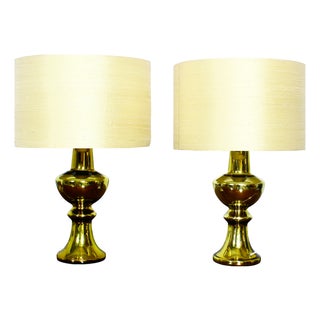 Vintage Swedish Gold Table Lamps with Silk Shades from Luxus, 1970s, Set of 2 For Sale
