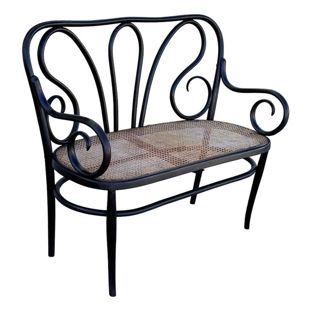 1865 Vienna Secession Scrolling Bentwood & Caine Settee Bench byThonet For Sale