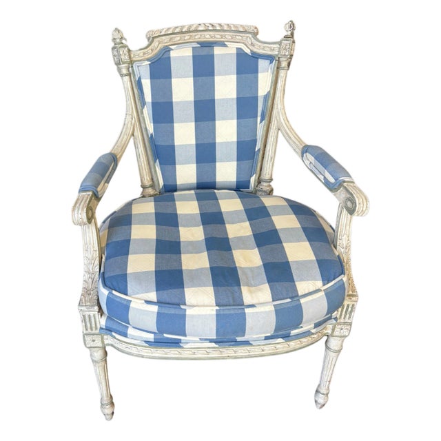 Mid 20th Century Carved Armchair With Blue Gingham Upholstery For Sale